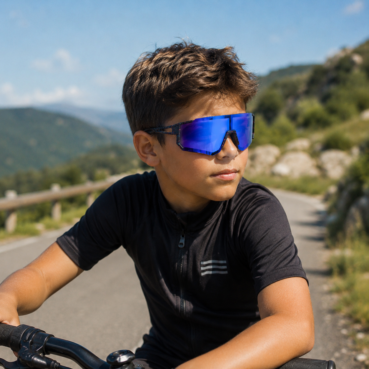 Sport zonnebril voor kinderen met semi randloos montuur en zwarte pootjes - Blauw glas - Afbeelding 3