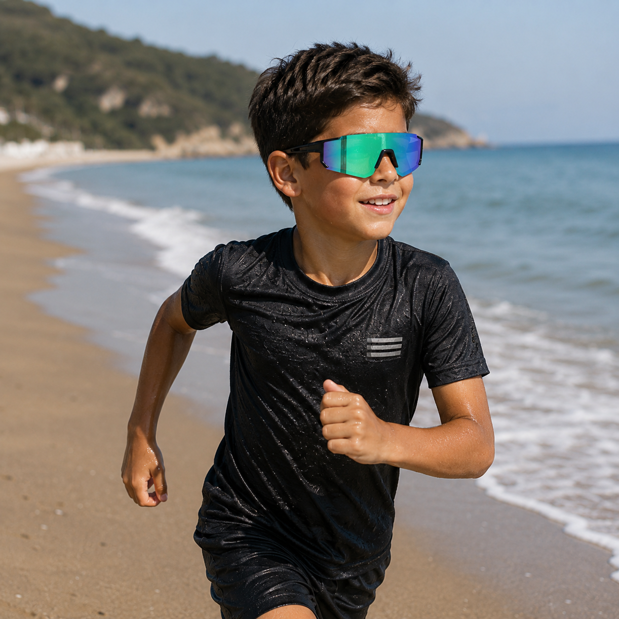 Sport zonnebril voor kinderen met semi randloos montuur en zwarte pootjes - Blauw/groen glas - Afbeelding 3